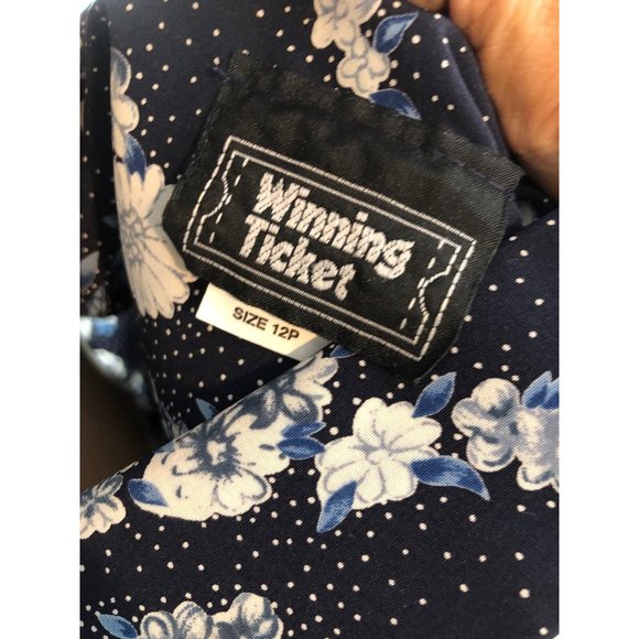 Vintage 80s Navy Blue Floral Print Pleater Belted Button Up Dress - Picture 9 of 9